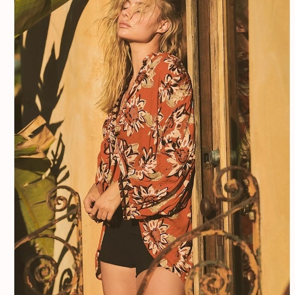 Free People Floral Button Down Shirt - Orange and White - Picture 15 of 16